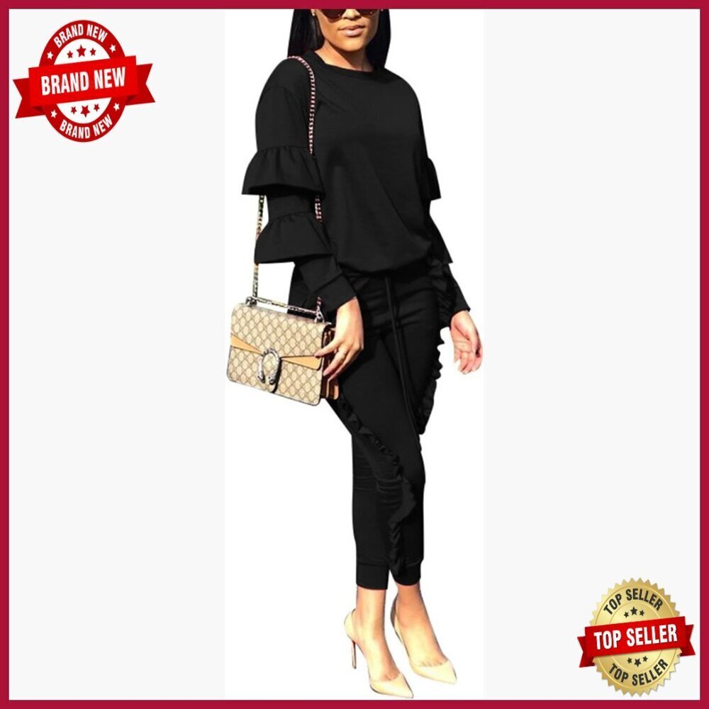 Women's Puff Sleeve Top and Flared Pants Tracksuit Set Polyester Blend